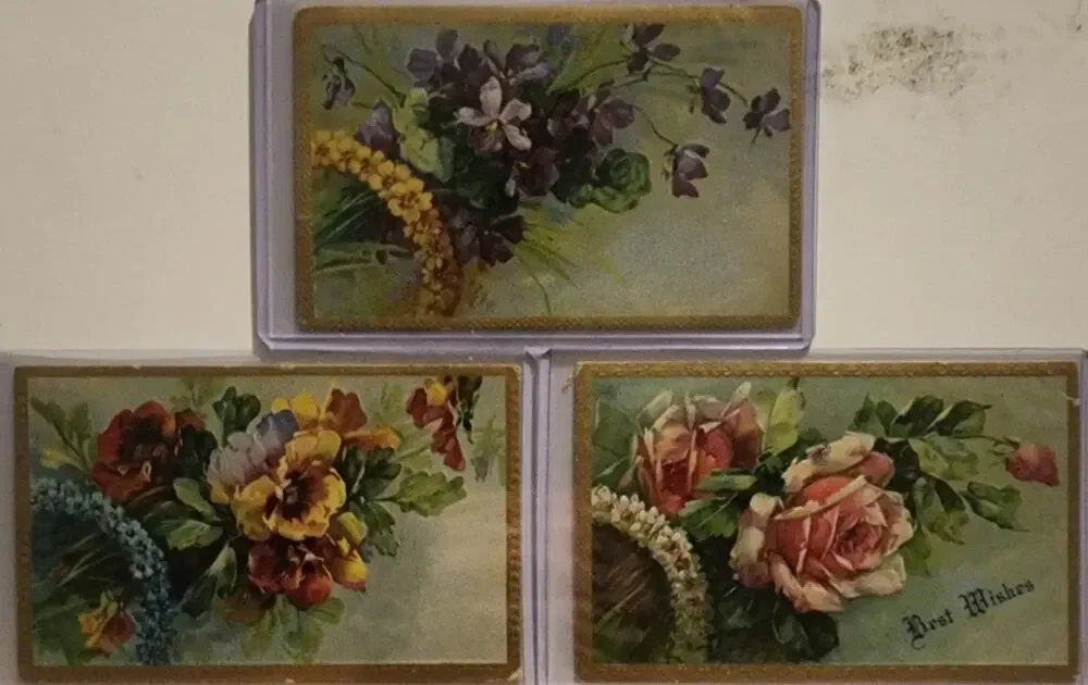 Lot Of Three Vintage Antique Embossed Postcards Flowers Best Wishes